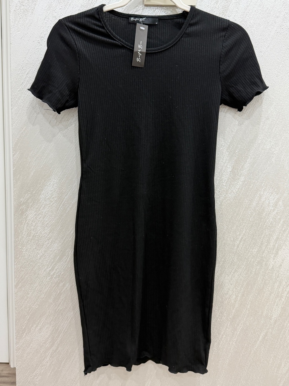 Black Ribbed Short-Sleeve Midi Dress